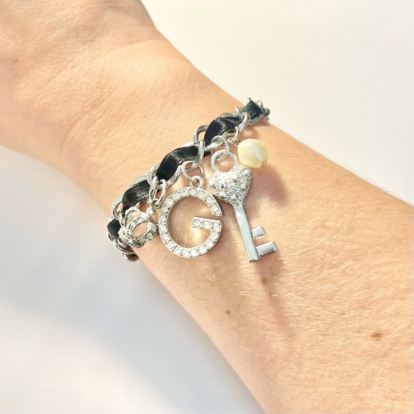 Guess Rhinestone Charm Link Bracelet with Black Band - Picture 4 of 7